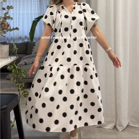 Petal & Pup Dresses & Skirts - Petal & Pup Midi Tiered Skirt Flowy Polka Dot Puff Sleeve Tie Neck Tarnie Dress